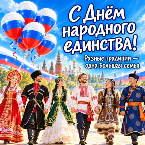Открытка «С Днём народного единства, люди в народных костюмах и шары»
