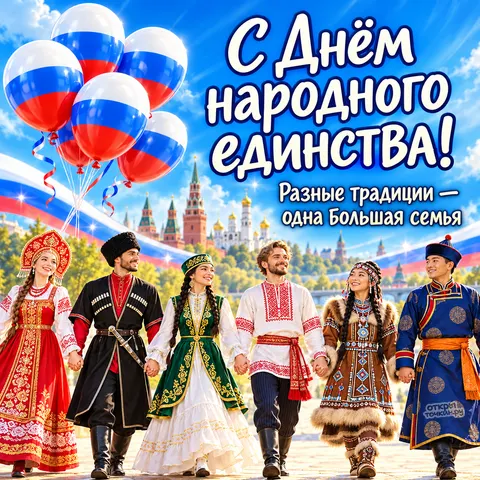 Открытка «С Днём народного единства, люди в народных костюмах и шары»