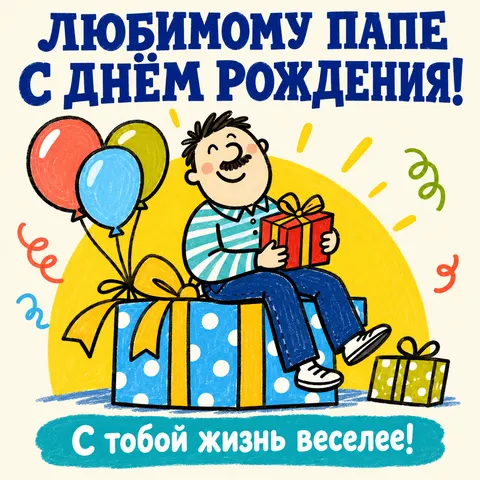 Открытка День рождения Весёлый папа с подарками и шариками