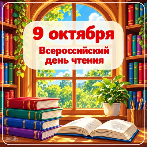 Открытка «Всероссийский день чтения, уютная библиотека с арочным окном»