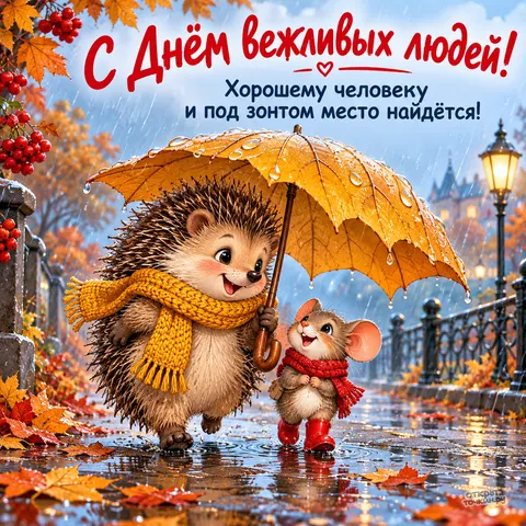 Открытка «День вежливых людей, ёжик укрывает мышку осенним зонтом»