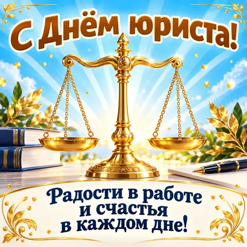 Открытка «С Днём юриста, золотые весы на голубом фоне»