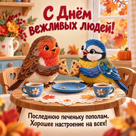 Открытка «День вежливых людей, бумажные птички делят последнюю печеньку»