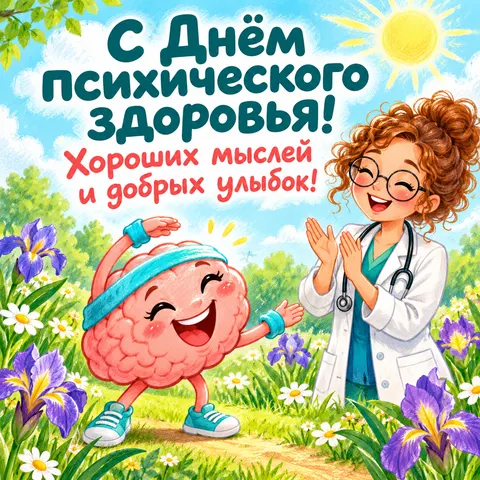Открытка «Всемирный день психического здоровья» — С Днём психического здоровья, весёлый мозг и врач