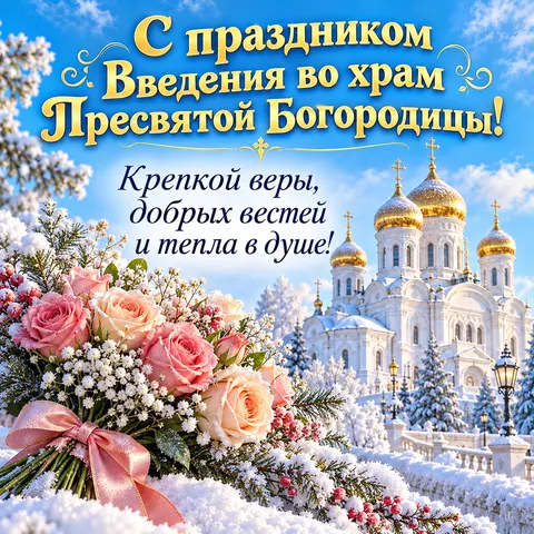 Открытка «С Введением во храм, зимний собор и букет роз» — Введение во храм Пресвятой Богородицы